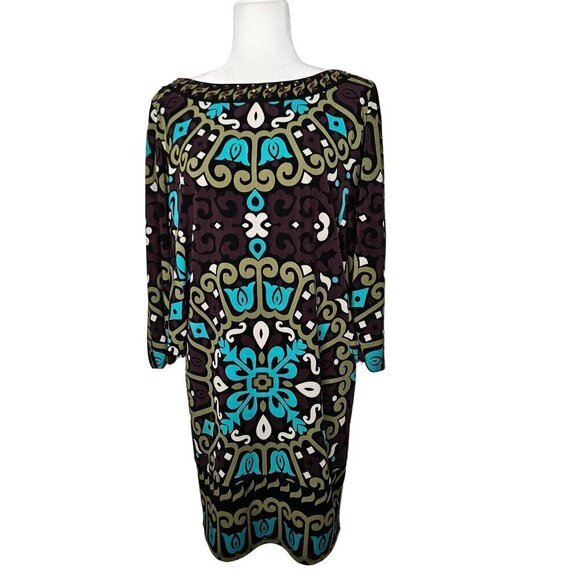 Hale Bob Rhinestone Batwing Sleeves Floral Work Dress Boho Blue Green Medium - Picture 1 of 13
